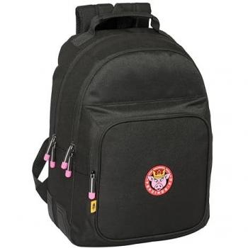 Mochila Escolar Kings League Porcinos Negro 32 x 42 x 15 cm, doble adaptable a carro, ideal para niños de diferentes edades, cómoda y versátil, calidad y resistencia