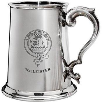 MacLeister Family Crest Polished Pewter 1 Pint Tankard with Scroll handle