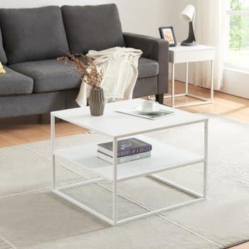 Mesa de Centro Cuadrada Solund con Estante de Acero Blanco 60x60x45cm - Diseño Industrial y Fácil Limpieza