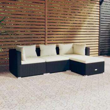 vidaXL 4-Piece Black Poly Rattan Garden Lounge Set with Cushions
