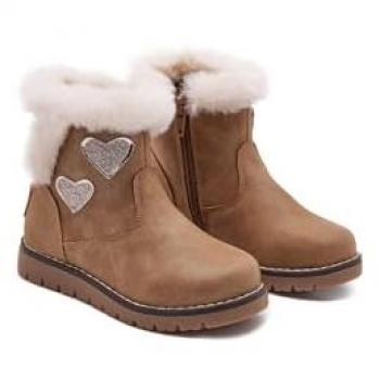 Conguitos - Botas de niña forradas en pelo color marrón con detalle de corazones brillantes y cierre de cremallera, cómodas para invierno (Beige/Talla 27)