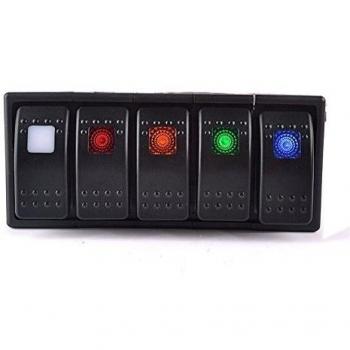T Tocas 5 Gang canotaje Eje de balancín de los interruptores del Panel de sobrecarga con Fusible para 12v / 24v Marina Barco autobús RV Yate, IP66 a Prueba de Agua, indicador LED de 5 Color Negro