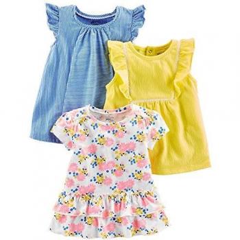 Simple Joys by Carter's Camisas y Camisetas de Manga Larga Niña, Pack de 3, Azul/Amarillo, Rayas/Floral, 3 años
