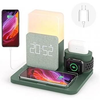 Cargador Inalámbrico, COLSUR 6 en 1 Estación de Carga Inductiva con 15W Lámpara de Mesa, Despertador para iPhone 12 13 Pro MAX Mini, Apple Watch 7 6 5 4 3 2, Airpods Pro, Samsung con Adaptador QC3.0