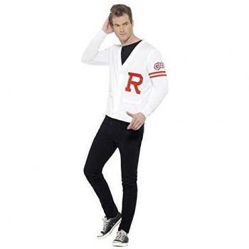 Smiffys-42898L Licenciado Oficialmente Disfraz de Rydell Prep de Grease, con Chaleco de Punto, Color Blanco, L-Tamaño 42-44
