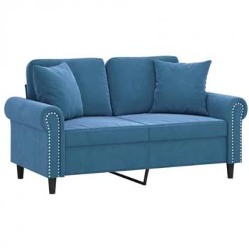 Sofá de 2 Plazas con Cojines Decorativos en Terciopelo Azul de 120 cm