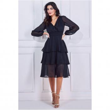 Goddiva Long Sleeve Tiered Midi Dress - Black