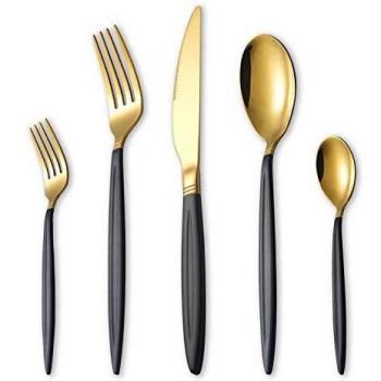 HOMQUEN Juego de Cubiertos de Oro Negro de 30 Piezas, Juego de Cubiertos de Acero Inoxidable, Juego de Cubiertos de Titanio Negro con Oro, Juego de Servicio para 6