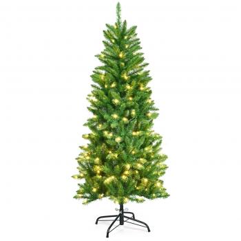 Árbol de Navidad Artificial Costway 1,5m Iluminado con 300 Ramas y 150 Luces LED Blancas y Cálidas, Soporte de Metal, Fácil de Montar, Decoración Verde para Hogar
