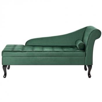 Chaise Longue Glamour Derecho con Almacenaje en Terciopelo Verde Oscuro y Patas Negras Pessac