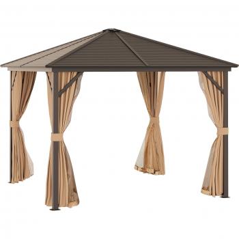 Outsunny Cenador de Jardín 3x3 m Marco de Aluminio con 4 Cortinas Laterales 4 Mosquiteras y Gancho para Lámpara Marrón