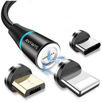 AVIWIS Cable USB Magnético, Multi 3 en 1 Cable Magnetic de Carga Cargador Iman con Adaptador Micro USB Tipo C IP Compatible con Android Galaxy, Xiaomi, Huawei, Honor