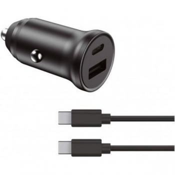 Ksix Cargador de Coche Rápida con Doble Salida USB A/USB-C 20W y Cable USB-C Incluido, Negro