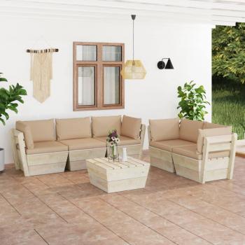 Conjunto de muebles de jardín de palets 6 piezas con cojines de madera de abeto