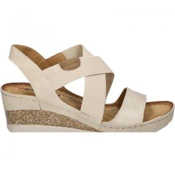 Cómoda Sandalia mujer Westland by Josef Seibel SAVOIE-03 en suave tejido beig y tiras cruzadas elásticas ajustables, plantilla anatómica, cómoda cuña antideslizante, altura tacón bajo (1-