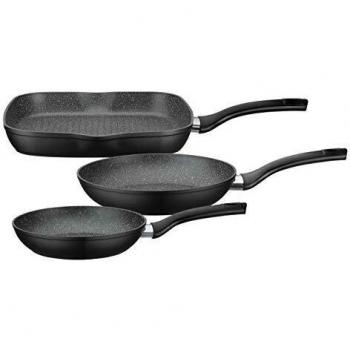 Juego de 3 Sartenes y Parrilla Gourmet Granit - Aluminio Forjado - 20/24/28 cm - Revestimiento Antiadherente Vitaflon Granit