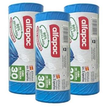 Bolsas de basura Alfapac 30L autocierre, 80% reciclado, 3 rollos de 15 bolsas (45 bolsas), Ultra resistentes, Triple capa, Antigoteo, medidas 55x60cm