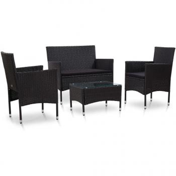 vidaXL 4-Piece Black Poly Rattan Garden Lounge Set with Cushions
