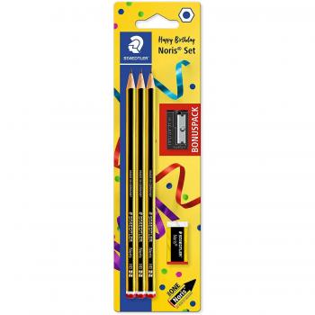 Staedtler Noris 120 Pack de 3 Lápices de Grafito Hexagonales HB2 con Mina Ultrarresistente de 2mm + Goma de Borrar + Sacapuntas - Madera
