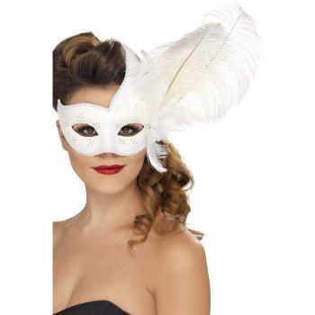 Smiffy'S 24572 Antifaz Ornamentado De Colombina Con Pluma, Blanco, Tamaño Único