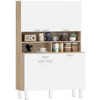 Alacena de Cocina Alta Homcom con 6 Puertas, Gran Cajón, Estantes y Encimera Amplia para Microondas, 120x40x175 cm, Blanco y Natural
