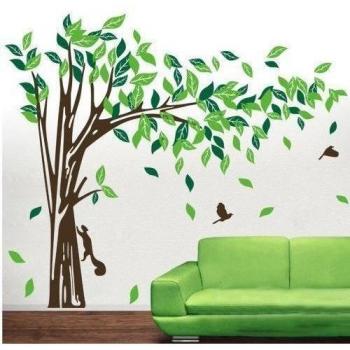 Enorme elegante Árbol Verde con ardilla y conejos Juegos del algodón pared adhesivo, Zweig nach rechts, tamaño
