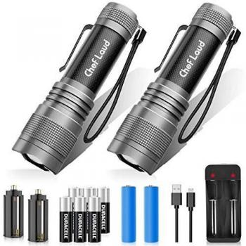Cheflaud Linterna LED,linternas LED Recargables con 2 x 18650 Pilas, Cargador,6 AAAPilas 500LM T6 Llinterna portátil Impermeable para Acampar 5 Modos de luz para Viajes,campamentos,talleres,hogar,etc