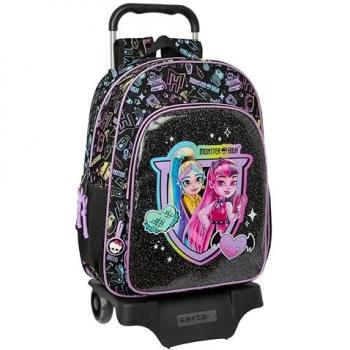 Mochila Escolar con Ruedas Monster High Negra 33 x 42 x 14 cm, adaptable a carro, cómoda y versátil, resistente