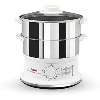 Vaporera Tefal VC1451 - Vaporizador de alimentos con 2 cestas independientes, 900W, color blanco y acero inoxidable