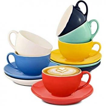 Juego de 6 Tazas de Capuchino de Cerámica Colores 180ml con Platos en Caja