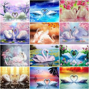 Pintura Diamante 5D Cisne Mosaico Completo Redondo Bordado Paisaje Lago con Strass