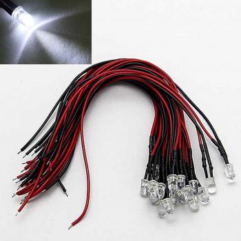LAOMAO 1 paquete (20 bombillas) 5mm 12V DC blanco LED precableado redonda bulbo lámpara para DIY coche barco juguetes intermitente partes