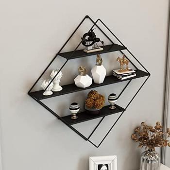 Estantería de Pared Polvijärvi con 3 Estantes en Forma de Diamante Metal Negro 66 x 50 x 9 cm