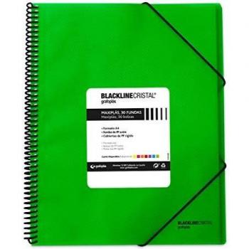 Grafoplás 39833220. Carpeta con Espiral de 30 Fundas, A4, Color Verde, Polipropileno, Maxiplás Blackline Cristal