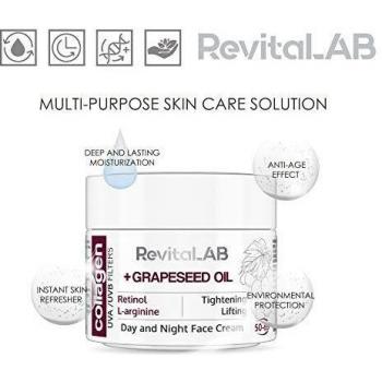 RevitaLAB - Crema hidratante antiarrugas de día y de noche con colágeno enriquecida con ácido hialurónico, L-arginina, retinol y un filtro UVA/UVB, franja de edad 50-65, 50 ml