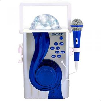 Altavoz karaoke portátil para niños Bontempi con micrófono inalámbrico, características: diseño infantil, fácil de usar, incluye micrófono, compatible con dispositivos Bluetooth, sonido de alta calidad, colores divertidos (gris y azul), ideal