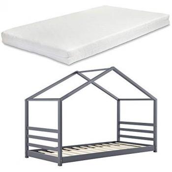 Cama para niños Vardø con colchón de espuma fría y somier - Forma de casita - 90 x 200 cm - Pino gris oscuro