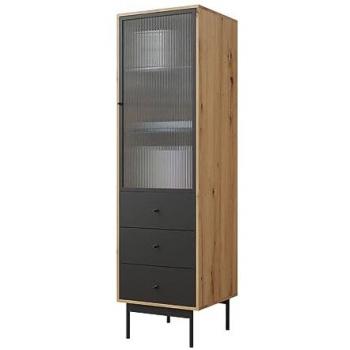 Vitrina Comfivo D108 con LED, 1 puerta, 3 cajones, 180x52x48cm, Negro y Roble Artisan