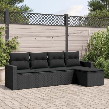 Set de comedor de jardín 5 piezas con cojines de ratán sintético en color negro, crema y marrón, ideal para terraza y exteriores