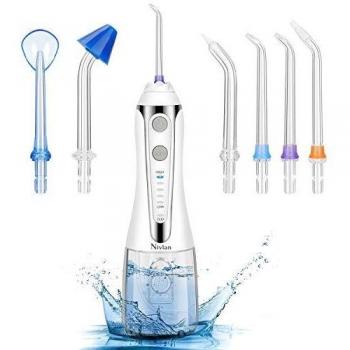 Irrigador bucal Nivlan IPX7 resistente al agua con depósito de agua de 300 ml, 5 modos y 6 boquillas, recargable por USB, para casa, viajes