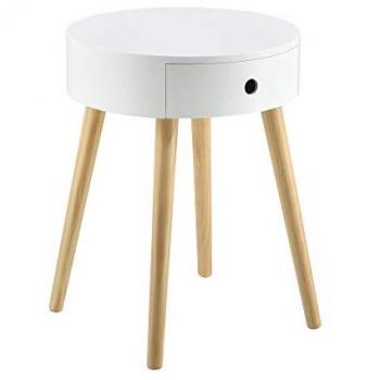 Mesa auxiliar redonda Aurich con cajón de MDF lacado y pino - 50 x 38 x 38 cm - Blanco