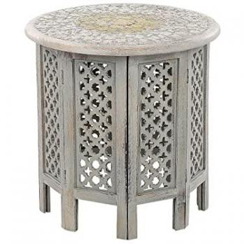 Mesa Auxiliar de Madera de Mango Gris Claro Hecha a Mano con Diseño Abierto Estilo Vintage Oriental 45 cm