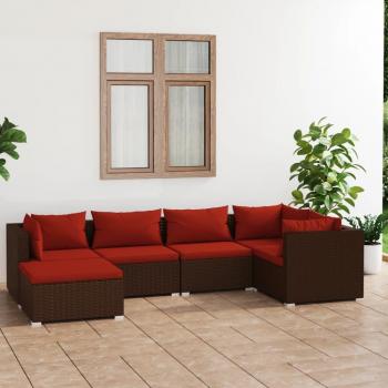6-Piece Brown Poly Rattan Garden Lounge Set with Cushions