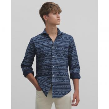 Camisa sport étnica azul para hombre Silbon, corte slim
