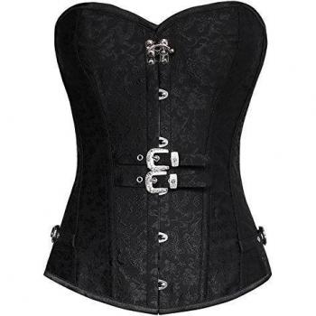 Charmian Women's Spiral Steel Boned Steampunk Gothic Brocade Overbust corsé with Double Buckles Black Small