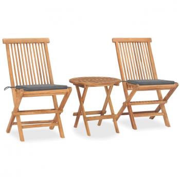 Folding 3-Piece Outdoor Dining Set with Cushions - Solid Teak Wood