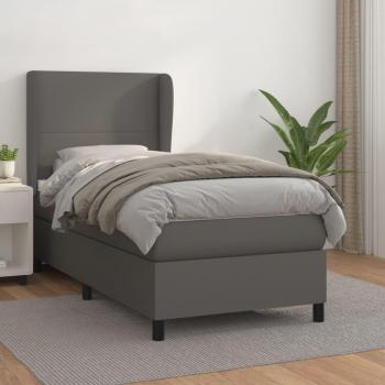 Cama box spring blanda con colchón de cuero sintético gris 90x200 cm
