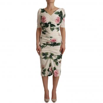 Dolce & Gabbana White Roses Print Stretch Silk Pleated Dress - IT40|S