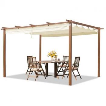 Pérgola PRIMEYARD 3x4 m con techo de toldo corredizo, marco de acero aspecto de madera, color champán