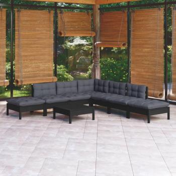 Juego de muebles de jardín 8 piezas con cojines negros y estructura de madera de pino negra
